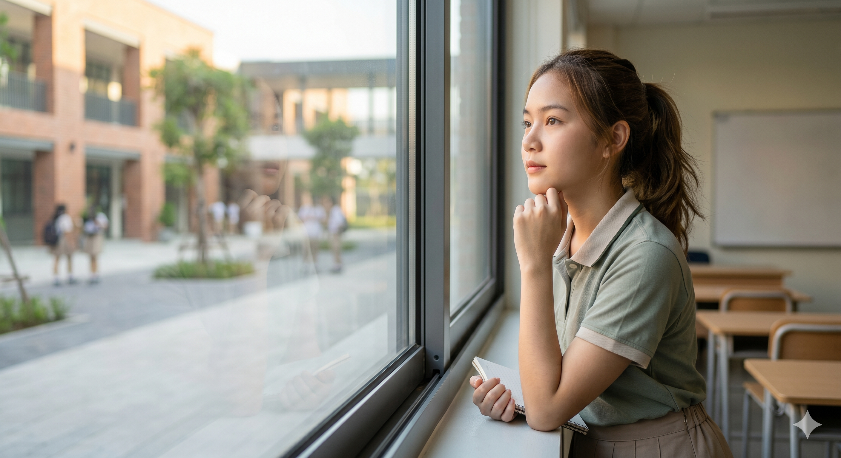 Young student looking thoughtfully out of a school window with notebook in hand
