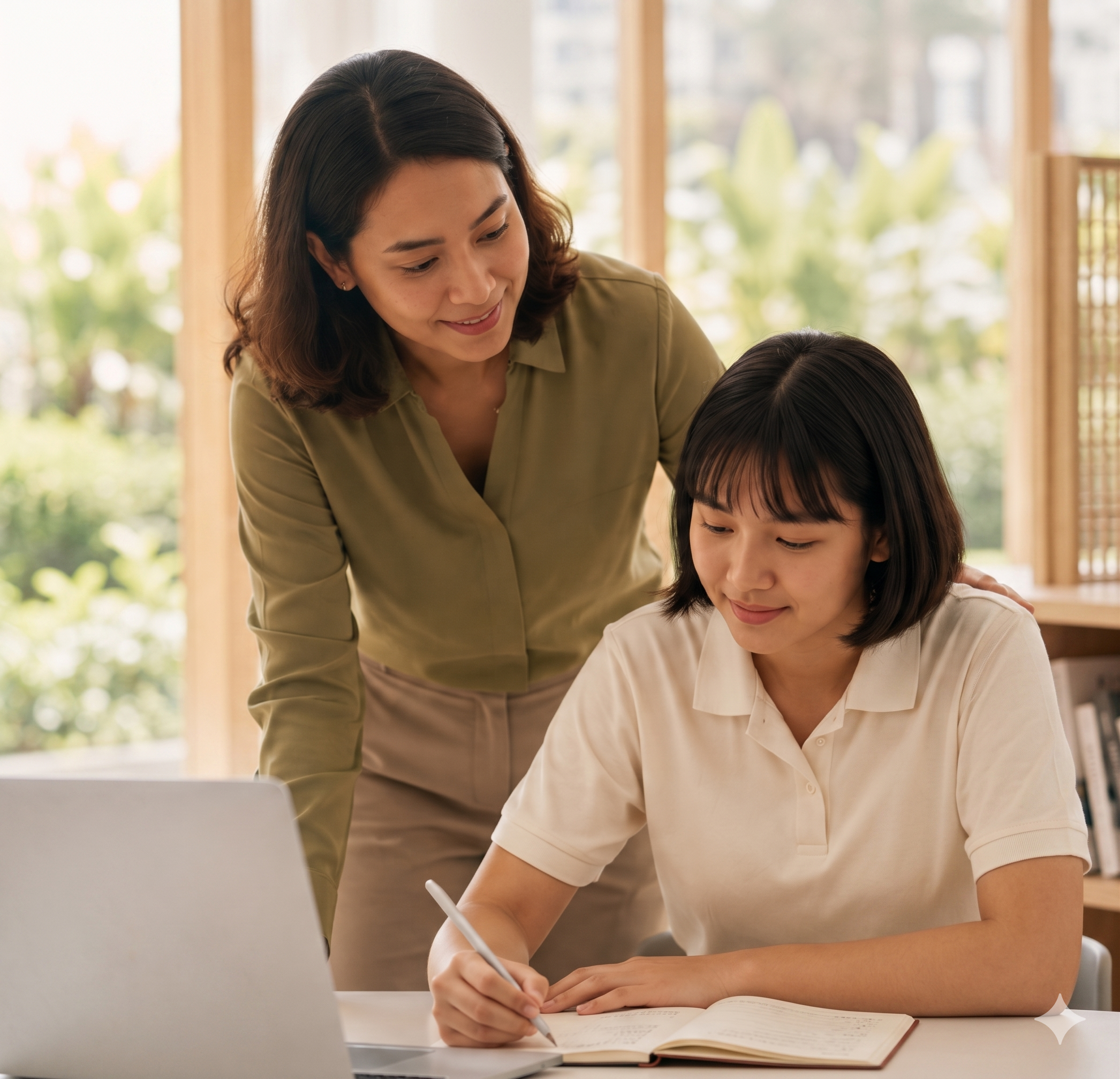 Teacher mentoring a student at a desk with laptop and notebook