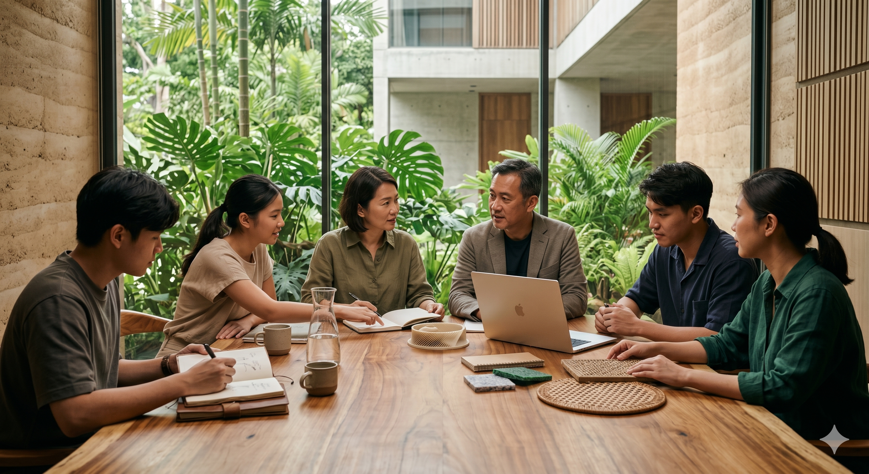 Team collaborating around a table in a modern workspace with lush greenery