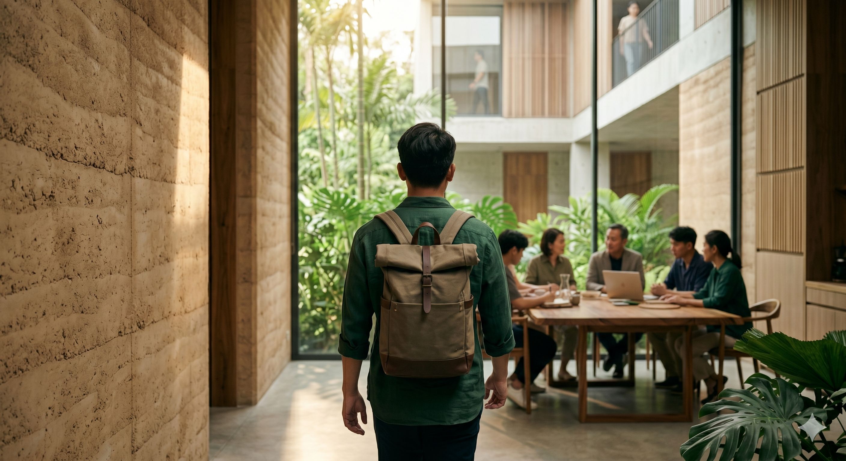 Young professional walking toward a collaborative team meeting in a bright open workspace